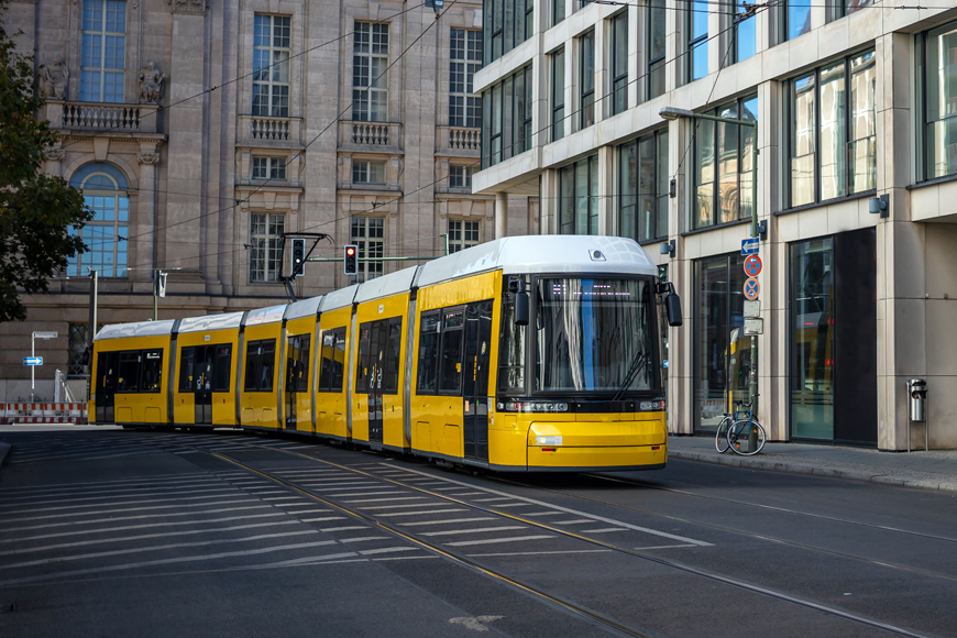 Yellow electric tram in Berlin.