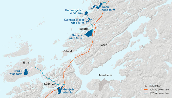 Map of the wind farms in Fosen Vind