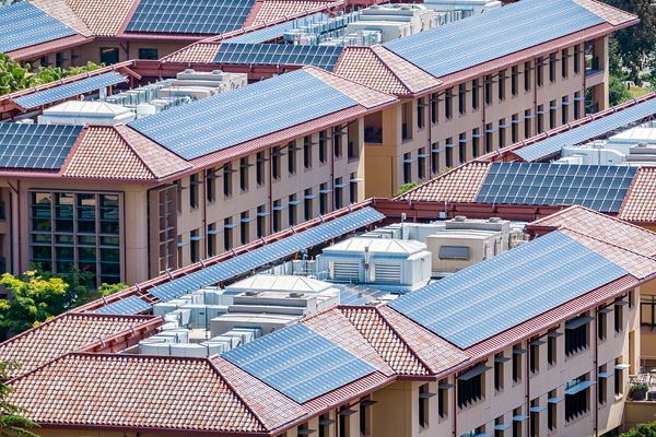 Office buildings with solar panels on the roof